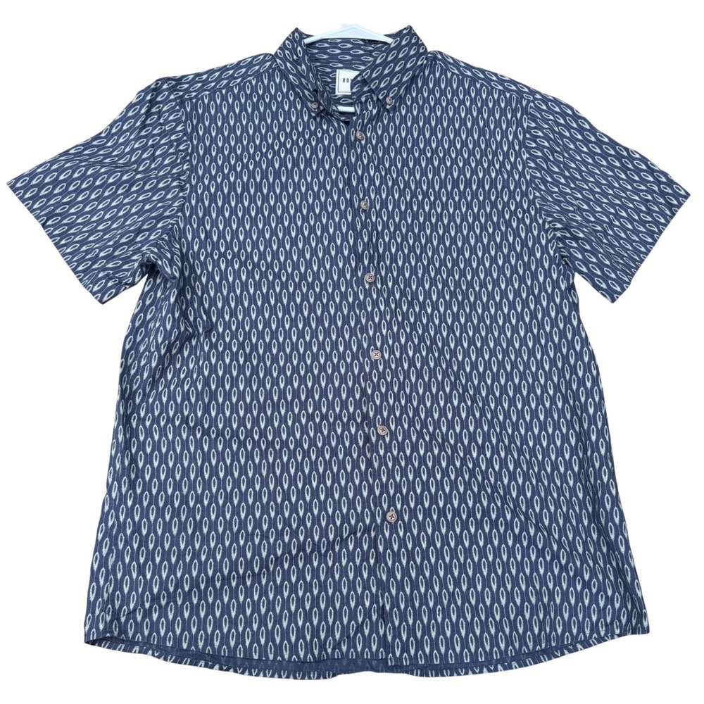 ROWM Button Down Shirt Blue Ikat Geometric Pattern Mens Large Short Sleeve L